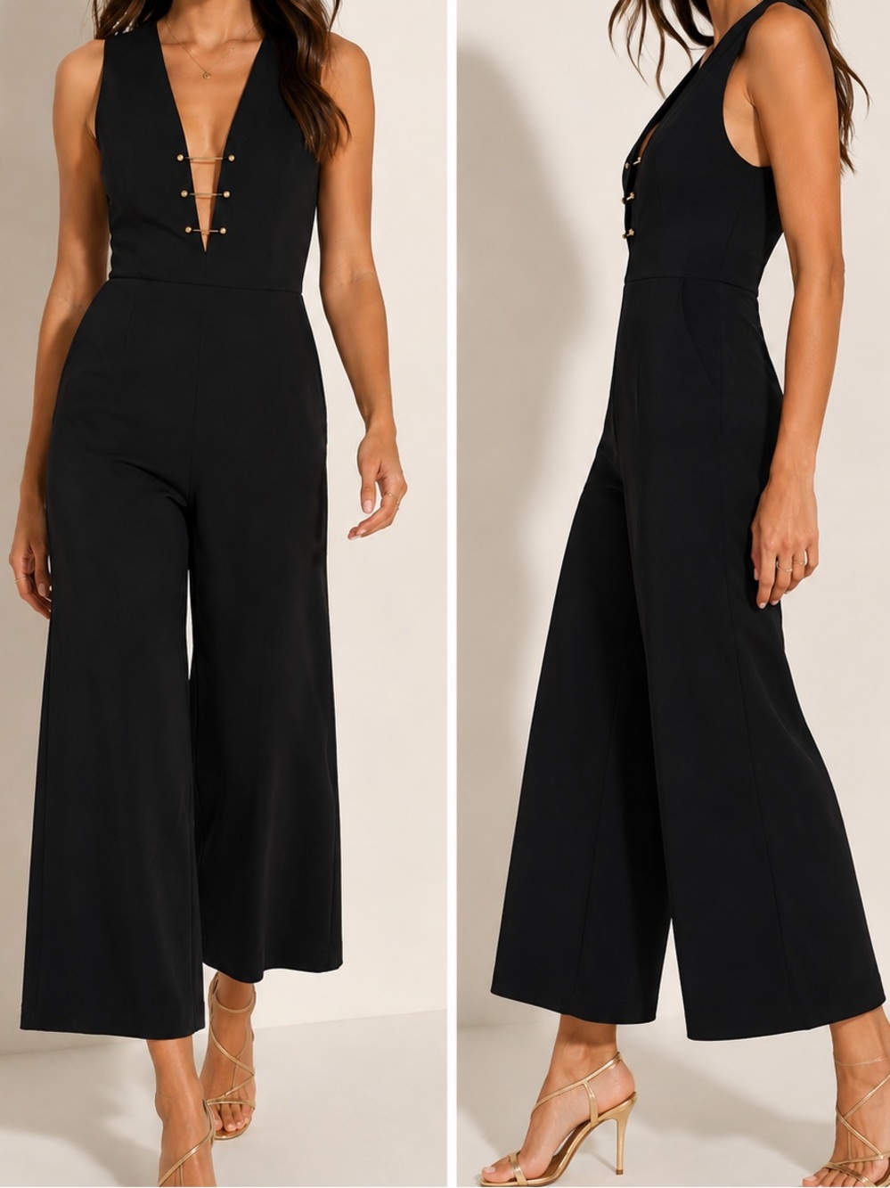 ASTR The Label | Just Dance Deep Plunge Gold Bar Wide Leg Black Jumpsuit